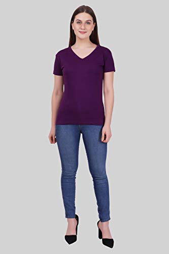 Image of FLEXIMAA Women's Cotton Plain V Neck Half Sleeve T-Shirt