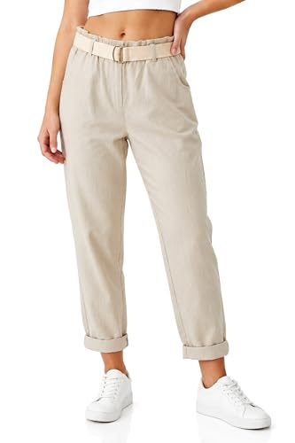 Kendindza Chino Damen Hose Stretch mit Gürtel Stoffhose Damen elegant lang weiches Material Loose Fit Beige M
