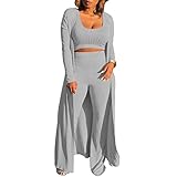 HANMAX Women's Tracksuit Winter Autumn Knitted Long-sleeved Blazer Coat Tank Long Pants Three Piece Sets Outfit Light Gray
