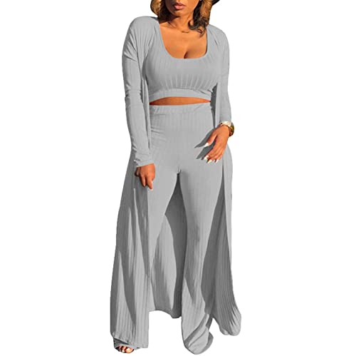Image of Women's 2 Piece Outfits Set Ribbed Short Sleeve Casual Crop Top Wide Leg Pants Suit Set