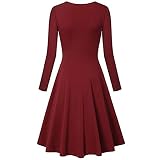 Cuwtheugwg V-Ausschnitt Saum Faltkleid Feste Farbe Retro-Mode Langarmkleid für Frauen Rotes Kleid Langarm Damen (Wine-e, M)