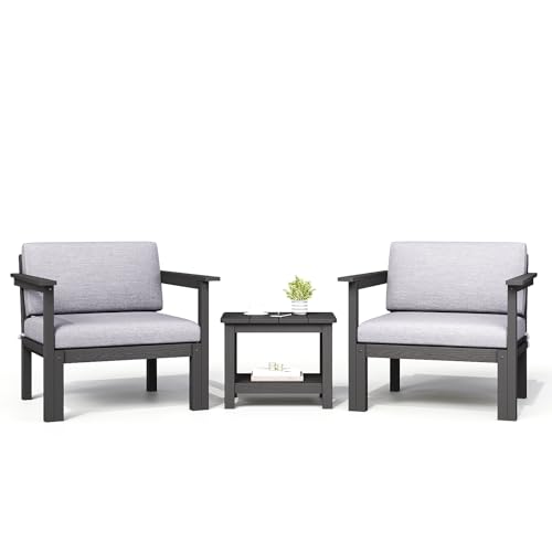 Image of Modular Outdoor Patio Conversation Set, 3-Piece HIPS Chairs with Side Table & Thick Cushions- Side Interlock & Detachable Armrest, All-Weather Patio Furniture Set for Backyard, Deck, Poolside