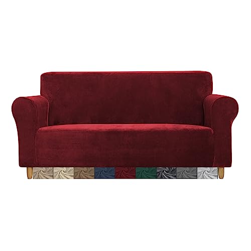 CMAKER Velvet Sofa Covers Couch Cover 2 Seater Stretch Couch Cover with Non Slip Elastic Bottom Furniture Protector Sofa Slipcovers Couch Cover for Pets(2 Seater,Burgundy)