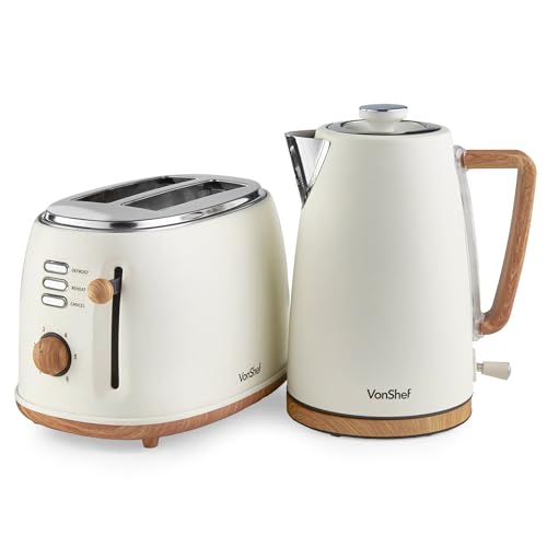 VonShef Kettle and Toaster Set – Scandi 1.7L Rapid Boil Kettle 3000W & 2 Slice Wide Slot Toaster 850W with 6 Browning Controls, Matching Kitchen Set – Nordic Cream and Wood Accents - Fika Range