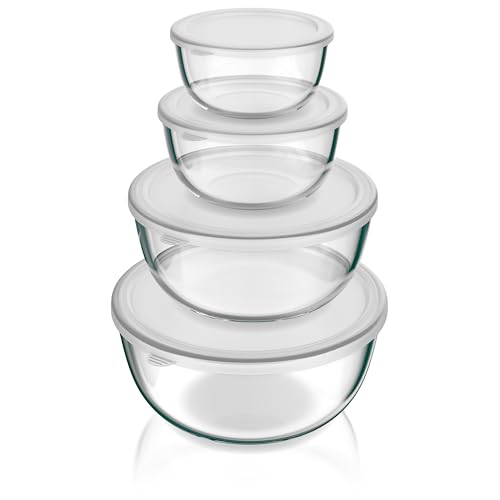 Arendo - Rührschüsseln aus Glas mit Deckel - Glasschüssel 4er Set - 700ml + 1100ml + 2700ml + 4400ml – Rührschüsseln klein bis groß – Borosilikatglas - Salatschüssel Glasschale Salatglasschale