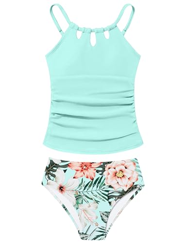 Girls Swimsuit Cutout Bathing Suit Cute Two Piece Swimsuits for Teen Girls Modest Swimwear High Waisted Tankini 9-18y
