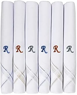 Caruso Italy Men's Initial Monogram (A-Z) Embroidery 100% Pure Cotton Handkerchief White Base With Colored Border - Pack Of 6