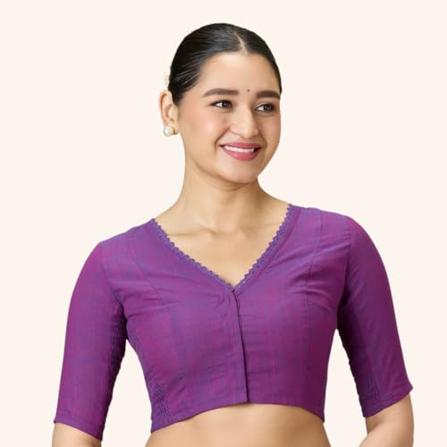 Image of Studio Shringaar Women's Handloom Cotton Side Stretchable (Smocked) Readymade Saree Blouse with Crochet Neckline
