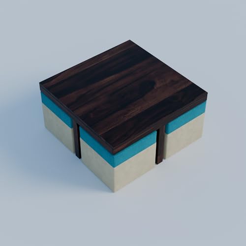 Image of Solid Sheesham Wooden Coffee Table with 4 Stool | Square Centre Table with Stool | Solid Sheesham Wood, Expresso Finish