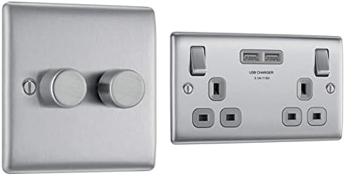 BG Electrical Double Dimmer Intelligent Light Switch, Brushed Steel, 2-Way