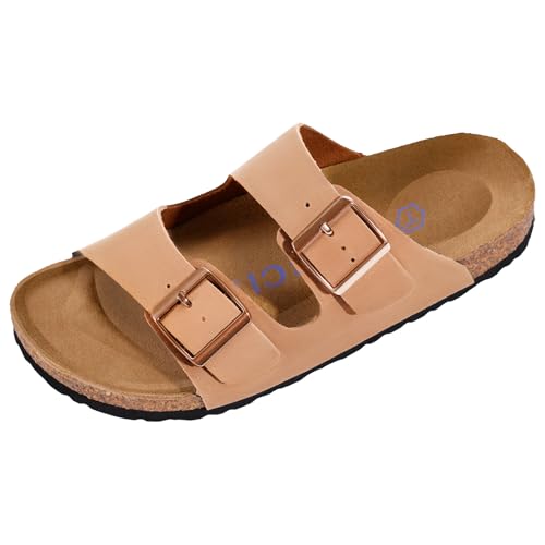 T TICCI Flexible Cork Footbed Sandals for Women - Arch Support Slides with Adjustable Buckle, Genuine Suede & EVA Outsole,3