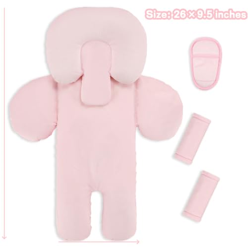 Image of Infant Car Seat Insert for Newborn Boys Girls, Extra Thick & Soft Minky Preemie Car Seat Head Body Support Cushion with Strap Pads, Perfect for Stroller, Baby Swing, Bouncer, 2-in-1 Reversible, Pink