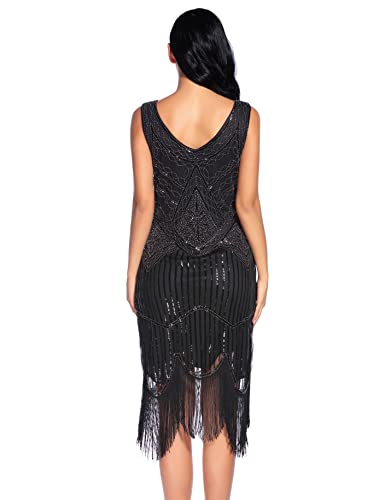 Plus Size 1920S Vintage Fringed Gatsby Sequin Beaded Tassels Hem Flapper Dress For Women (Black, Large) #TOP1