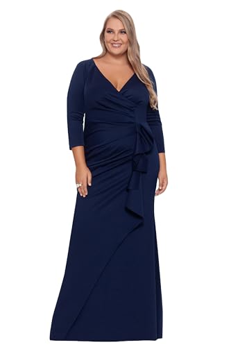 Xscape Women's Plus Size Long 3/4 Sleeve V-Neck Side Ruched Dress