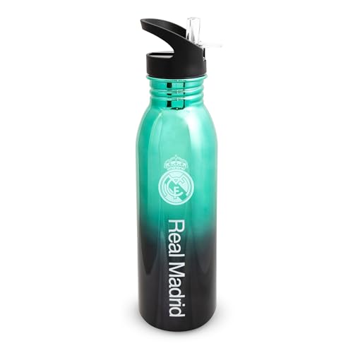 Hy-Pro Botella de agua con licencia oficial del Real Madrid CF UV, 700 ml, metálica, acero inoxidable, popote plegable integrado, a prueba de fugas, ligera, gran idea de regalo de fútbol
