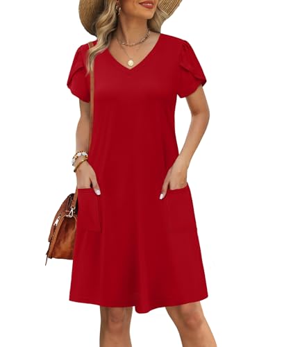 OFEEFAN Red Dresses for Women Summer Spring Tshirt Dress Sundresses Beach Vacation Clothes Cruise Outfits Plain Red XL