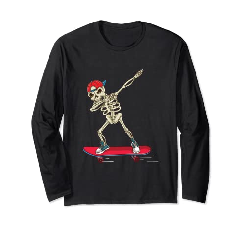 Skeleton Riding Skateboard Skater Halloween Manga Larga