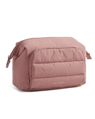 Image of BAGSMART Travel Makeup Bag, Cosmetic Bag Small Make Up Organizer Case,Wide-open Pouch for Women Purse for Toiletries Accessories Brushes,Large Beige