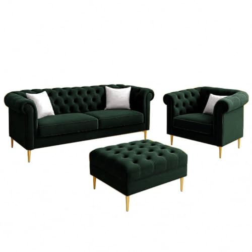 Image of Chesterfield Velvet Upholstery 3-Seater with Armchair and Footrest, Design in 3+1+Footrest Sofa for Living Room, Bedroom, Hallways (Dark Green)