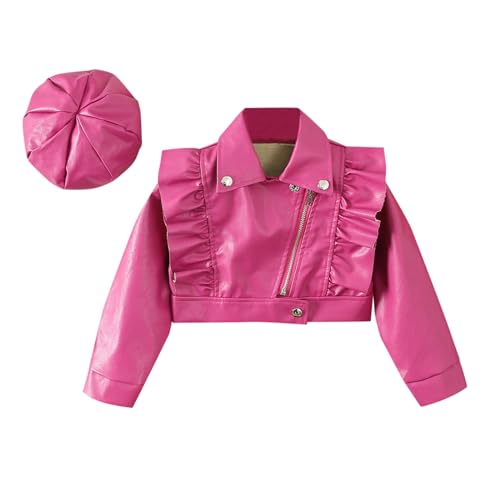 Toddler Girls Faux Leather Motorcycle Jacket Cute Ruffle Spring Fall PU Coat and Hat 2 to 7 Years Top Runaways Hot Pink