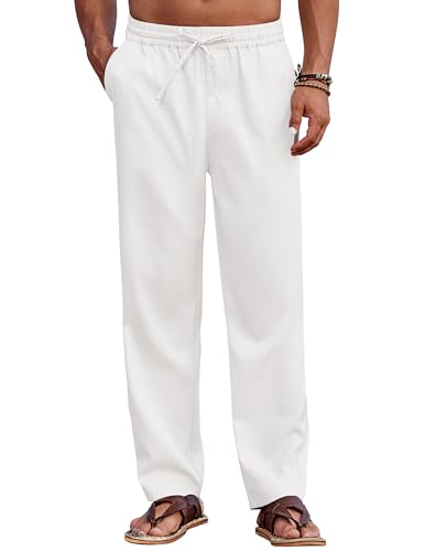 COOFANDY Mens Casual Elastic Waist Pants Drawstring Summer Beach Pant Lightweight Stretch Linen Trouser White