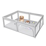Parque para perros y cachorros con puerta y ventosas de TPR, Recinto interior de tela Oxford y red de nailon, para animales pequeños y medianos (gris claro, 205 x 147 cm)