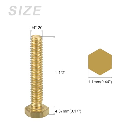 Image of METALLIXITY Hex Head Screw Bolt (1 /4-20x1-1 /2) 5Pcs, Brass Fully Threaded Solid Brass Hex Bolts Machine Screws - for Machinery Repair