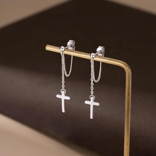 SLUYNZ Solid 925 Sterling Silver Cross Dangle Earrings for Women Teens Minimalist Dangle Earrings Chain4