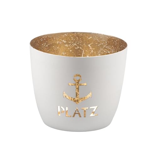Seaside No.64 - Maritime Windlichter Baltic aus Metall mit ausgestanzten Motiven - Verschiedene Farbkombinationen für Teelichter & Stumpenkerzen in Haus und Garten (Ankerplatz - weiß, Gold)