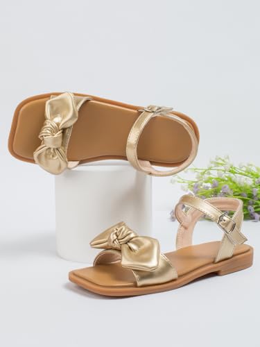 OYOANGLE Girl's Metallic Bow Decor Sqaure Open Toe Sandals Ankle Strap Dress Shoes3