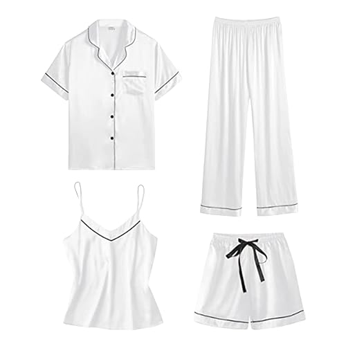 Pijama de invierno polar de gran tamaño pijama corto de 4 piezas de satén para mujer, ropa de dormir de manga corta y conjunto de pantalones cortos y tops de ocio, conjuntos de ropa de conjuntos de