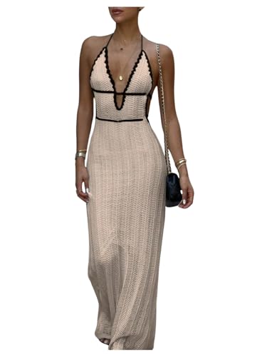 Image of SOLY HUX Women's Tie Backless Maxi Halter Dress Deep V Neck Sleeveless Knit Elegant Dresses