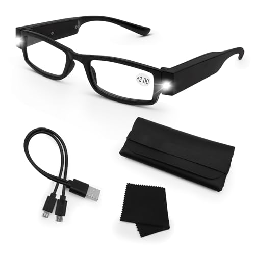Magnifying Glasses with Light Rechargeable Reading Glasses with Lights Anti Blue Light Bright LED Readers Lighted Magnifying Eyewear Hands Free Magnifier Eyeglasses for Close Work Reading Crafts+2.5