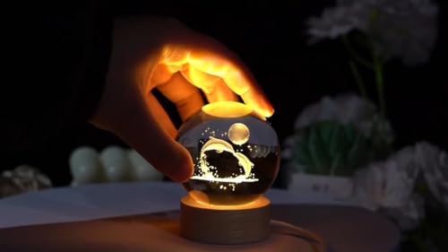 Image of 3D Galaxy Crystal Ball Night Light | Dimmable Engraved LED Glass Ball Table Lamp with USB and Wooden Base for Home Decor, Office, Birthday Gift & Kids Bedroom (Dolphin)
