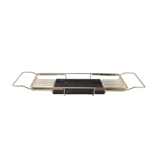 Organizador de Bañera en Metal y Mármol, Bandeja Expandible Antideslizante, Multifuncional, Ahorra Espacio - Diseño Retráctil, Uso Versátil para Baño y Cocina (Oro Negro)