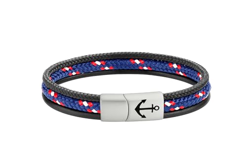 Paris Montana Herren Armband Segeltau Leder Handgefertigtes maritimes Armband mit Edelstahl Magnetverschluss und Ankergravur Stilvolles Accessoire & Geschenk für Männer (Ocean Line 20 CM)