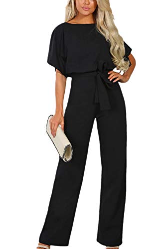 Mono De Verano De Mujer De Manga Corta De Cintura De Lazo Pantalones Largos Monos Negro 3XL