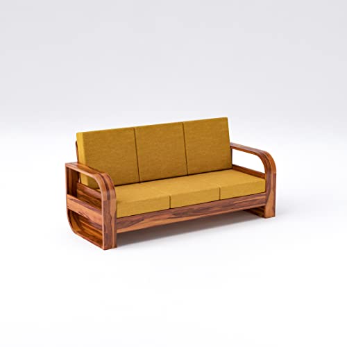 Image of Douceur Furnitures Solid Sheesham Wood 3 Seater Sofas | Three Seater Sofa for Living Room, Cafe, Office | (Honey Teak Cushion Mustard Yellow)