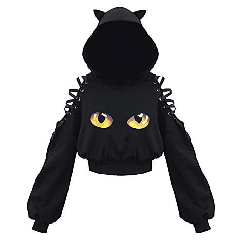Aniywn Women s Off Shoulder Hoodie Long Sleeve Cute Ear Cat Crop Top Teen Girls Cold Shoulder Pullover Sweatshirt Black
