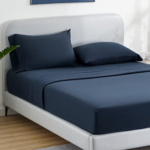 Sleep Zone 4-Piece Jersey Knit Sheet Set - Luxury Heather 100% Cotton T-Shirt Bed Linen Set - Deep Pocket Stretchy Bed Sheet Set For All Season (Navy, King) #TOP4