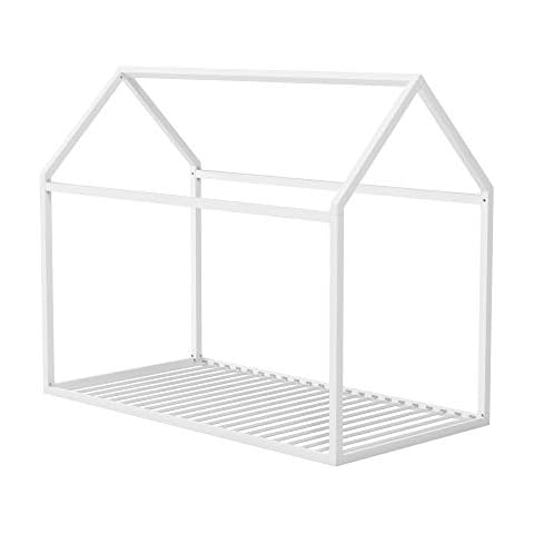 Little Seeds Skyler Montessori-Style House Floor Bed Frame for Kids and Toddlers, Metal Canopy Frame, No Box Spring Required, Twin, Off White Cover
