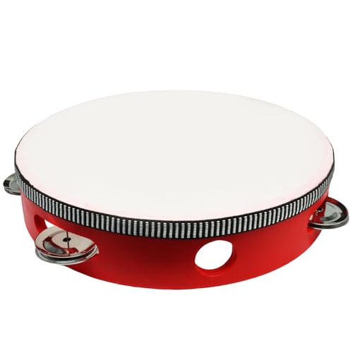 Moicstiy 8 Inch Wooden Round Tambourine, Red Single Row Tambourine with Metal Jingles, Hand Held Percussion Musical Instrument for KTV, Party, Church Educational Toy (1 Pcs)