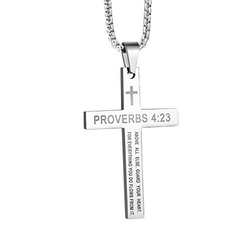 Rehoboth Stainless Steel Cross Pendant Necklaces Bible Verse Proverbs 4:23 Pendant for Men or Women Chain 24 Inch Black Gold Silver2