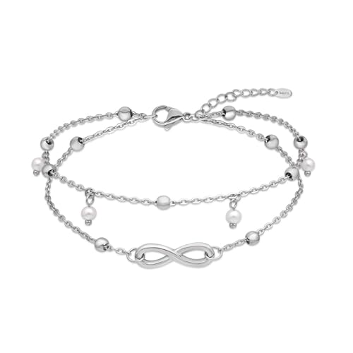 Amberta Silver Gold Waterproof Ankle Bracelets for Women | Boho Layered Anklets for Women | Summer Jewellery, Adjustable Ankle Chain Beaded Rope Heart: Silver Infinity and Pearls