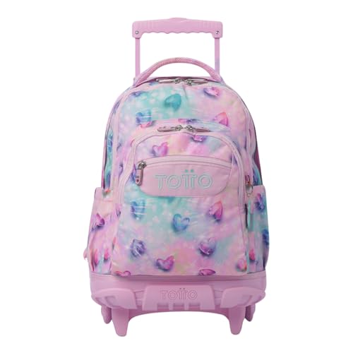 TOTTO - Zaini scolastici con ruote, capacità 26 l, diversi modelli, con tasca per PC, maniglia telescopica, tasche laterali bottiglia, cinghie ergonomiche, stampe uniche, Brillantezza del cuore, 60