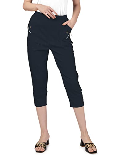 femiss Womens Capri Trousers Ladies Three Quarter Stretch Soft Trendy Elasticated Pull on Summer 3/4 Shorts Plus Size Pants (12 Plus, Navy Blue)