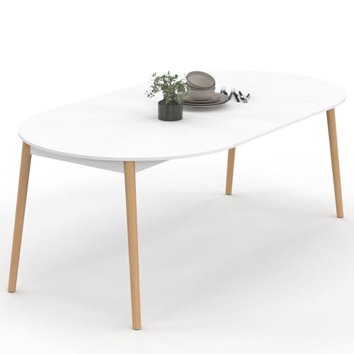 IDMarket - Table à Manger Extensible Ronde Angela 4-10 Personnes Blanc Pied Bois 110-200 cm