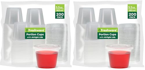 Image of Freshware Plastic Portion Cups with Lids [5.5 Ounce, 200 Sets] Souffle Cups, Jello Shot Cups, Condiment Sauce Containers For Sampling, Sauce, Snack or Dressing (Pack of 2)