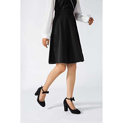 Women's Bow Ankle Strap Pumps Block Heel Round Closed Toe Mary Jane Dress Shoes3