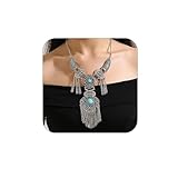 Bethynas Collar bohemio étnico tribal grueso, multicapa, borla larga, turquesa, cadena de cuello, moneda, piedras preciosas, exagerados, accesorios de disfraz para mujer, Adjustable, Metal Turquesa,
